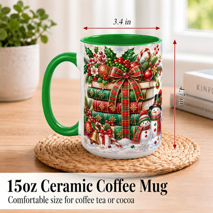 #pl[15oz|Green] Christmas Book Stack Coffee Mug, Snowman Holiday Mug, Ceramic Cup