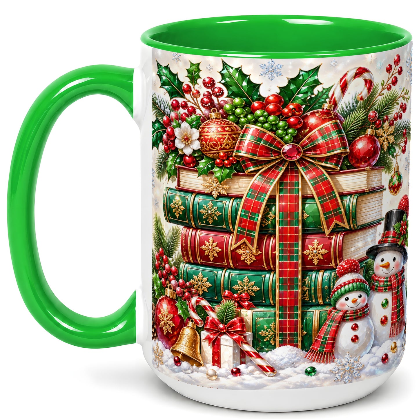 #pl[15oz|Green] Christmas Book Stack Coffee Mug, Snowman Holiday Mug, Ceramic Cup