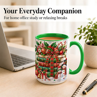 #pl[15oz|Green] Christmas Book Stack Coffee Mug, Snowman Holiday Mug, Ceramic Cup
