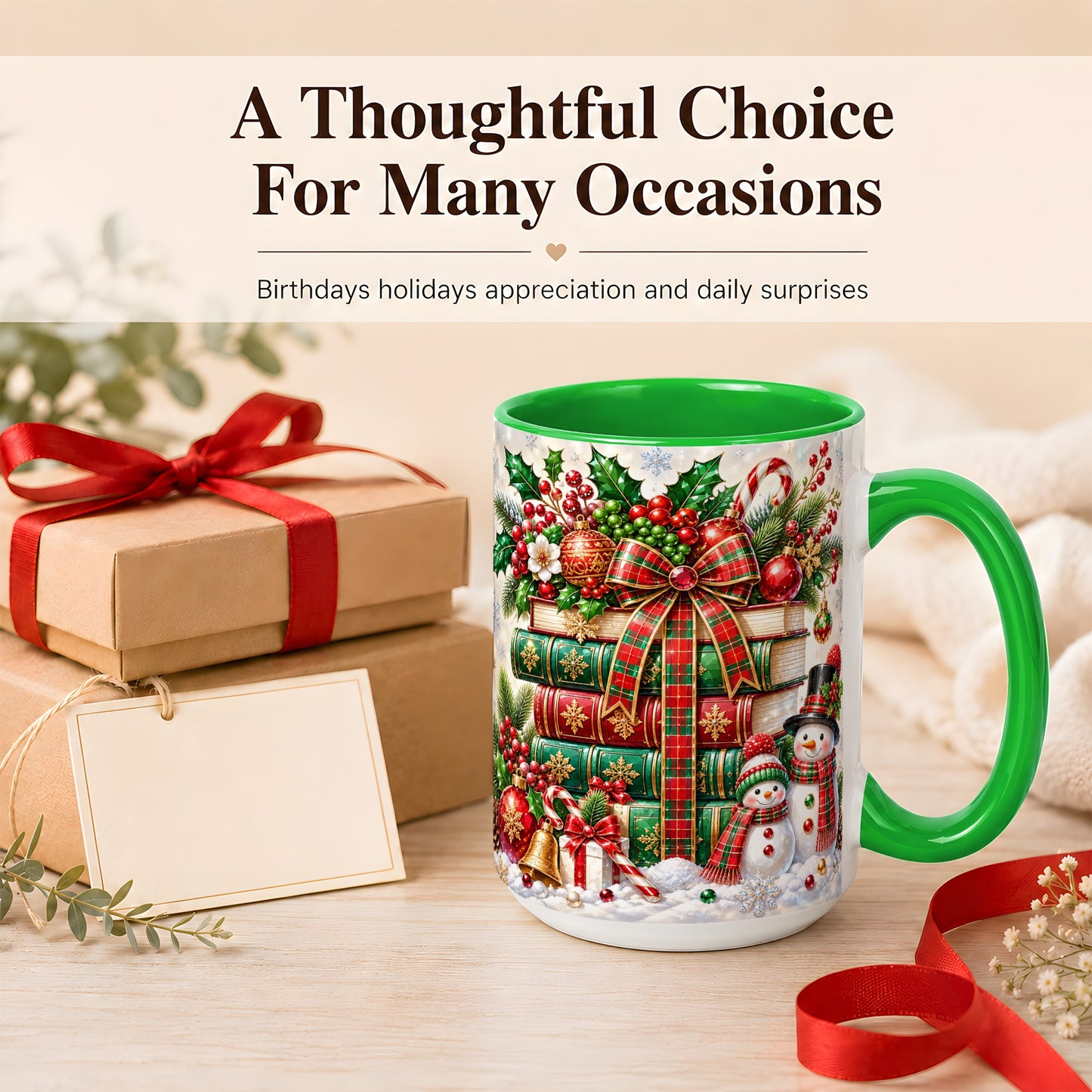 #pl[15oz|Green] Christmas Book Stack Coffee Mug, Snowman Holiday Mug, Ceramic Cup