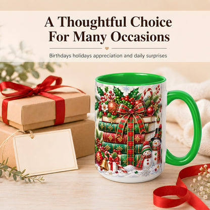 #pl[15oz|Green] Christmas Book Stack Coffee Mug, Snowman Holiday Mug, Ceramic Cup
