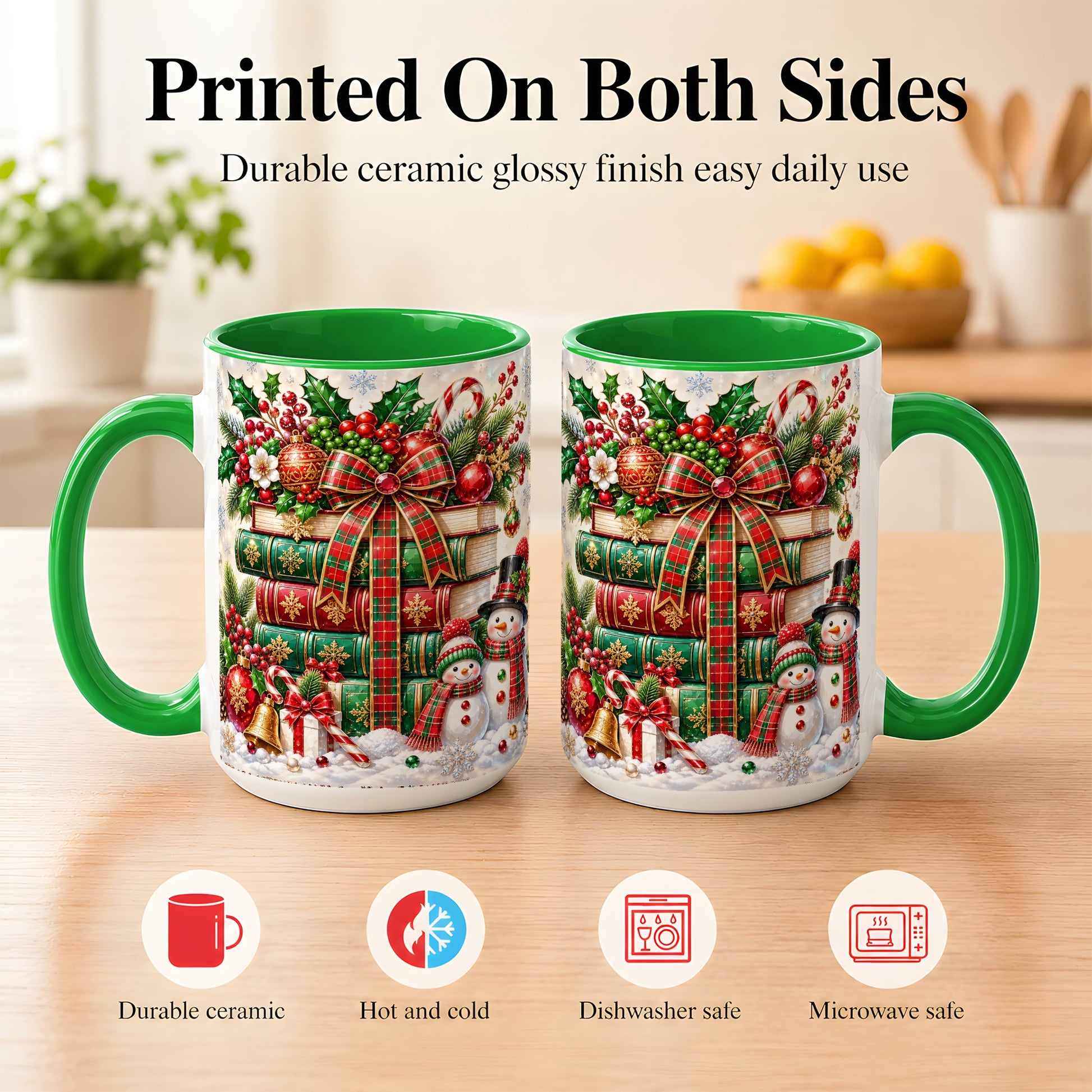 #pl[15oz|Green] Christmas Book Stack Coffee Mug, Snowman Holiday Mug, Ceramic Cup