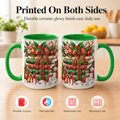 #pl[15oz|Green] Christmas Book Stack Coffee Mug, Snowman Holiday Mug, Ceramic Cup