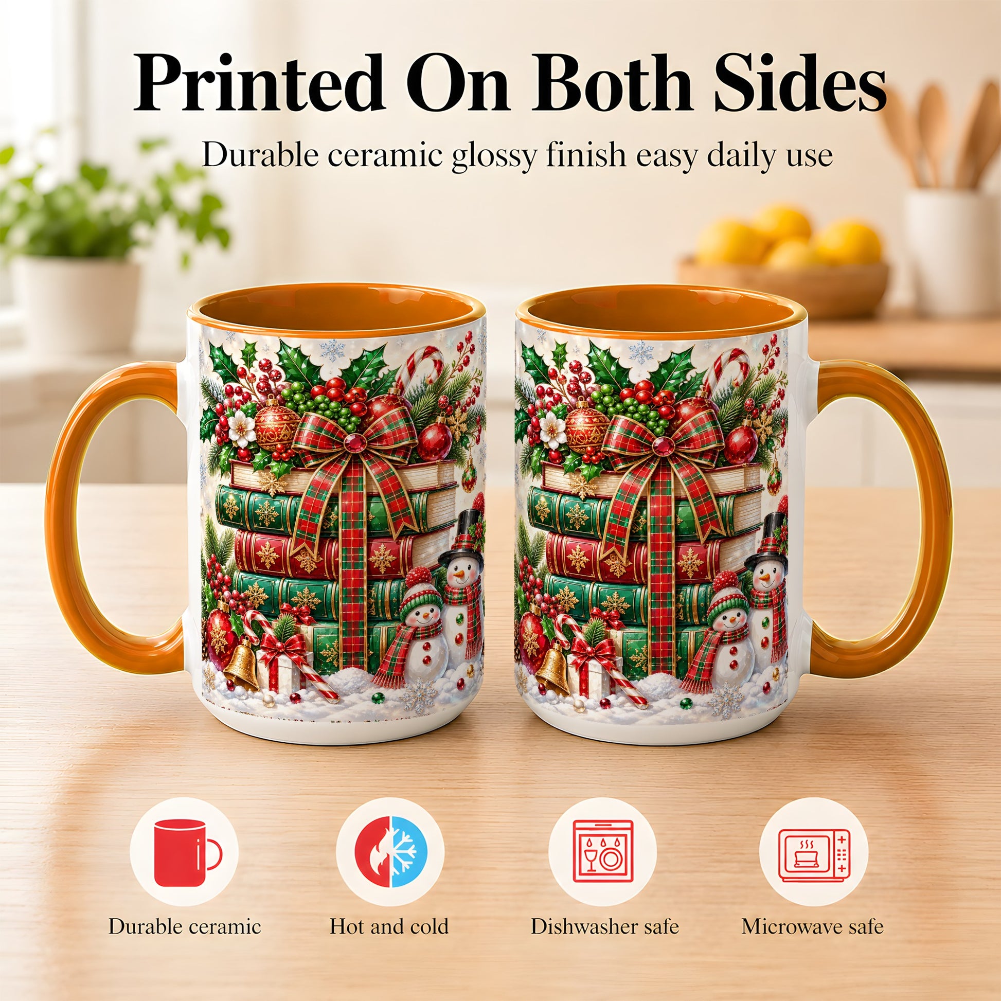#pl[15oz|Orange] Christmas Book Stack Coffee Mug, Snowman Holiday Mug, Ceramic Cup