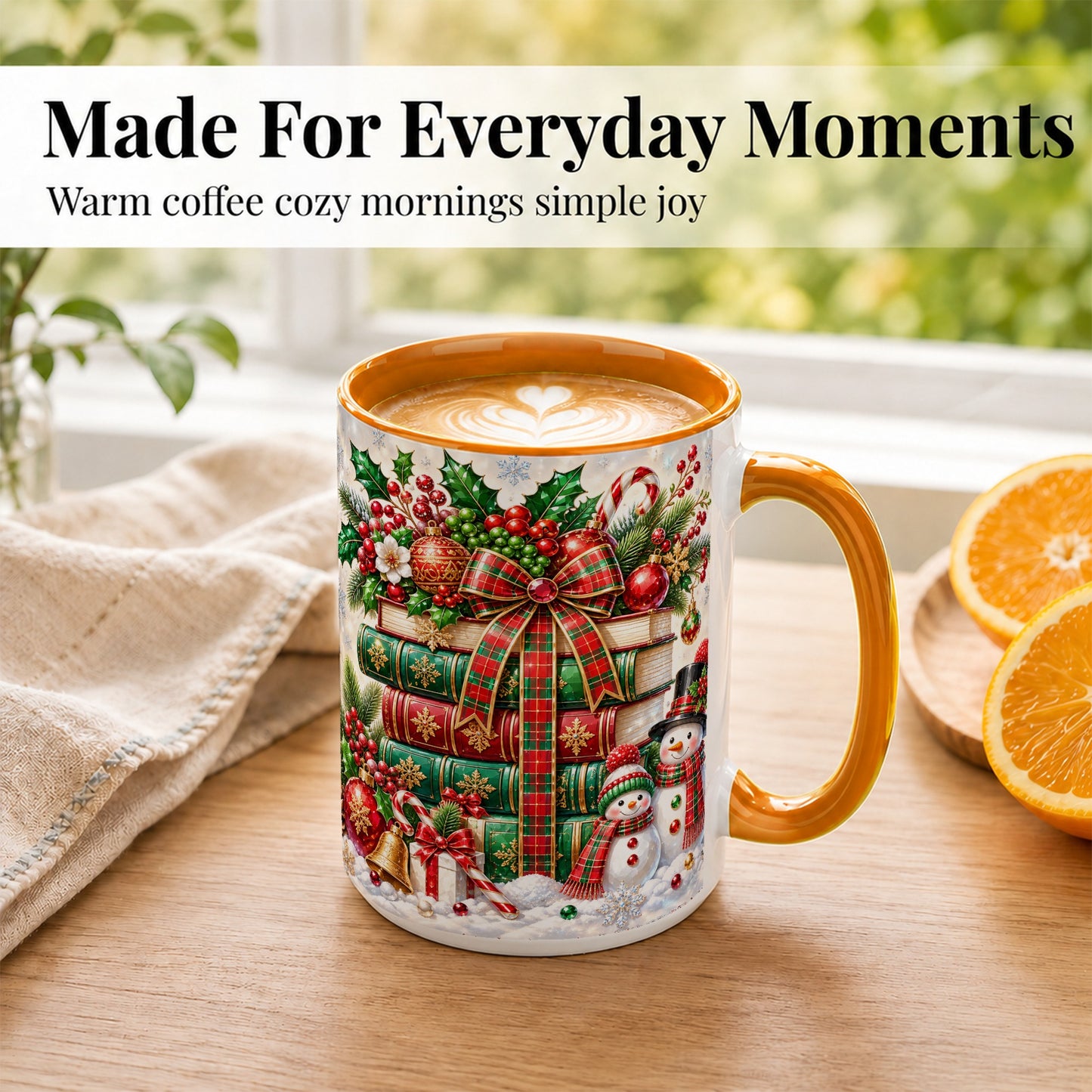 #pl[15oz|Orange] Christmas Book Stack Coffee Mug, Snowman Holiday Mug, Ceramic Cup