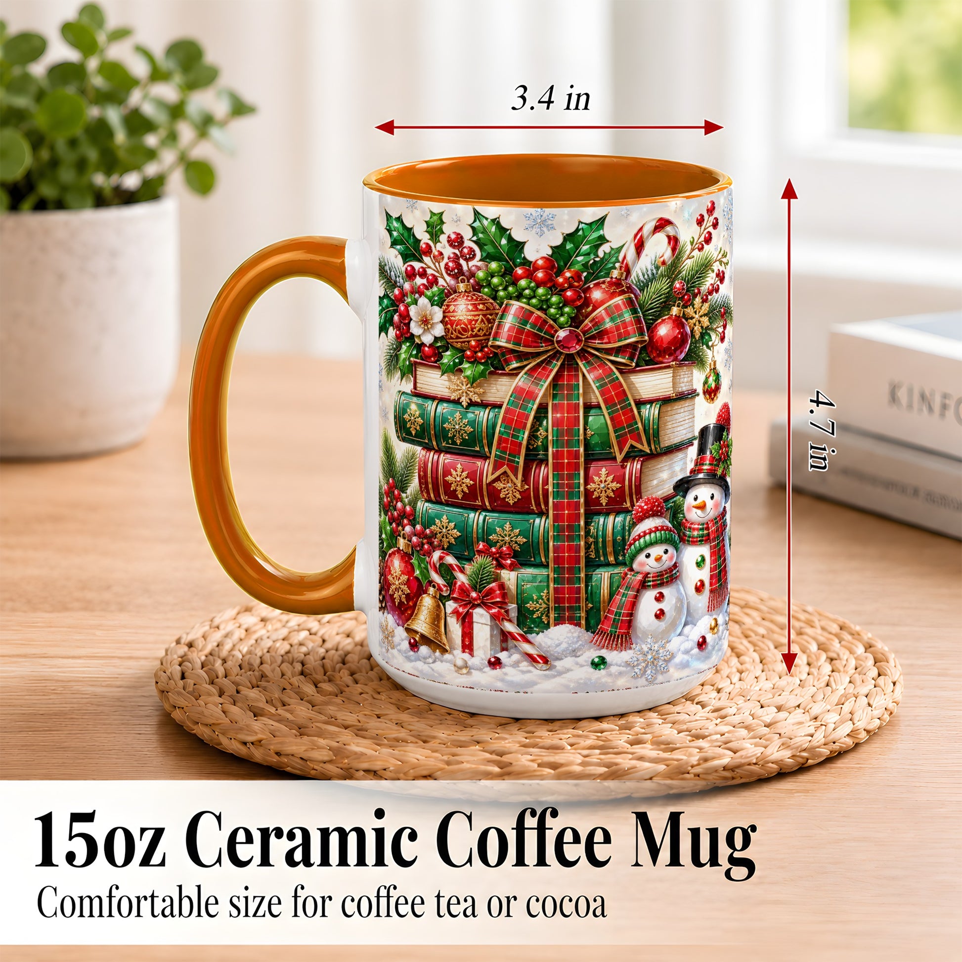 #pl[15oz|Orange] Christmas Book Stack Coffee Mug, Snowman Holiday Mug, Ceramic Cup