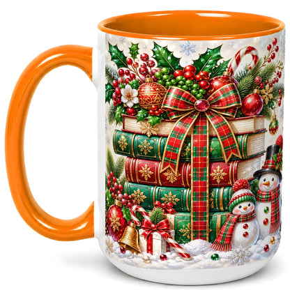 #pl[15oz|Orange] Christmas Book Stack Coffee Mug, Snowman Holiday Mug, Ceramic Cup