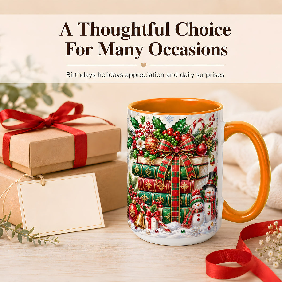#pl[15oz|Orange] Christmas Book Stack Coffee Mug, Snowman Holiday Mug, Ceramic Cup