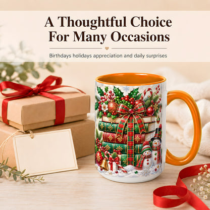 #pl[15oz|Orange] Christmas Book Stack Coffee Mug, Snowman Holiday Mug, Ceramic Cup