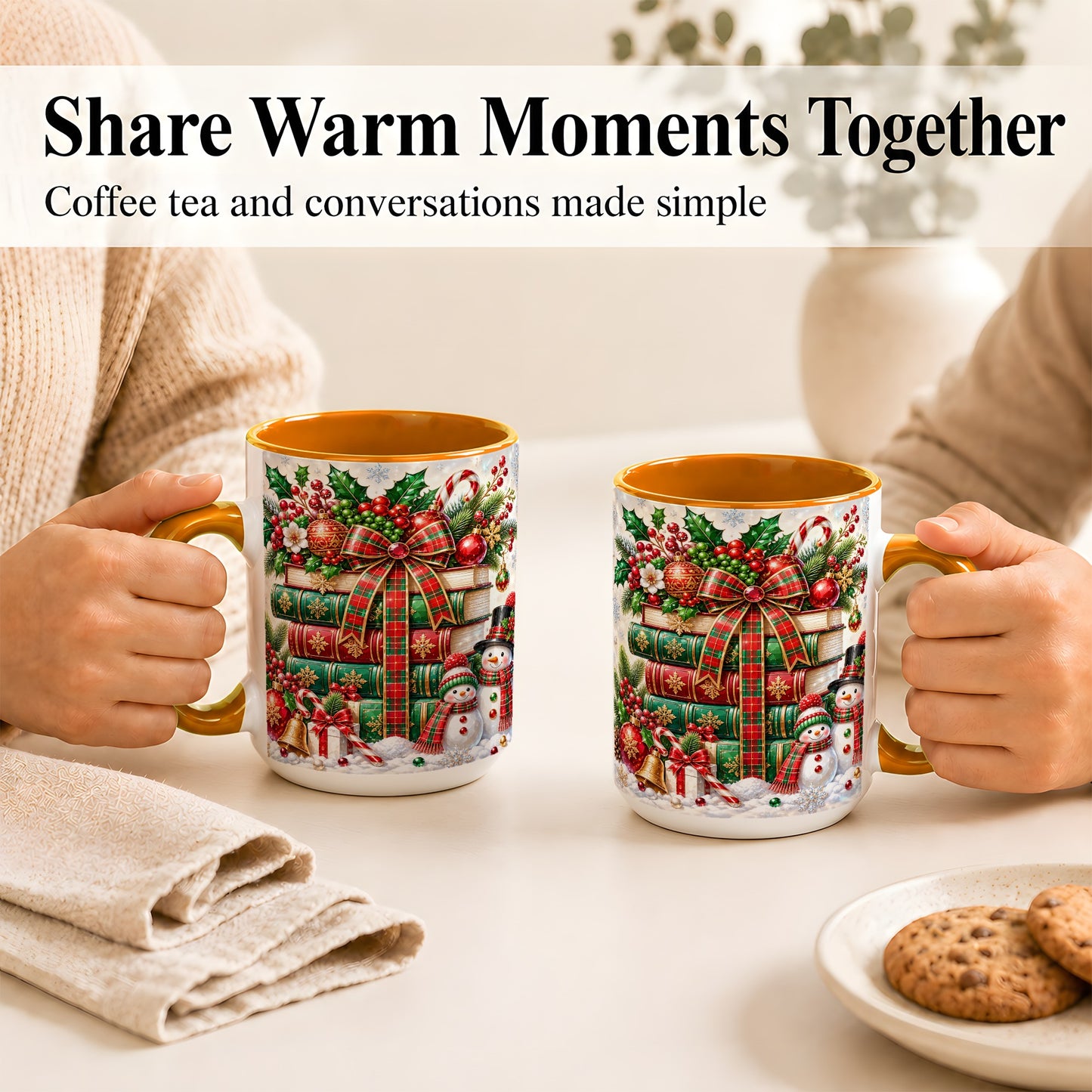 #pl[15oz|Orange] Christmas Book Stack Coffee Mug, Snowman Holiday Mug, Ceramic Cup