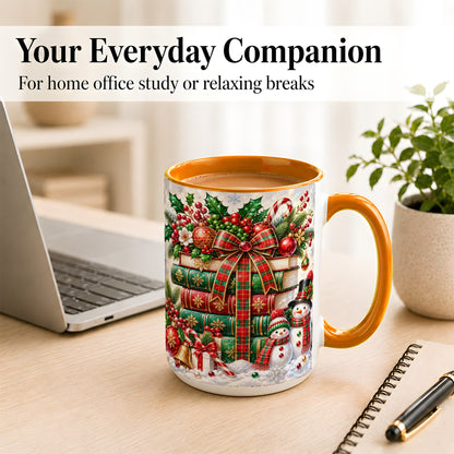 #pl[15oz|Orange] Christmas Book Stack Coffee Mug, Snowman Holiday Mug, Ceramic Cup