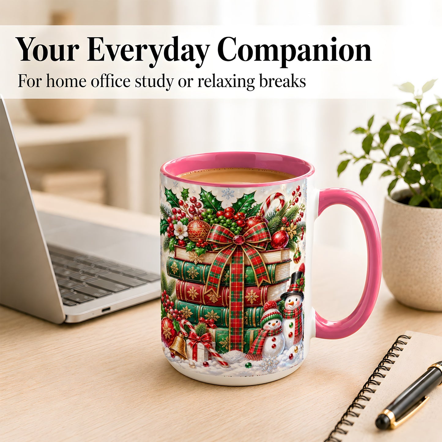 #pl[15oz|Pink] Christmas Book Stack Coffee Mug, Snowman Holiday Mug, Ceramic Cup