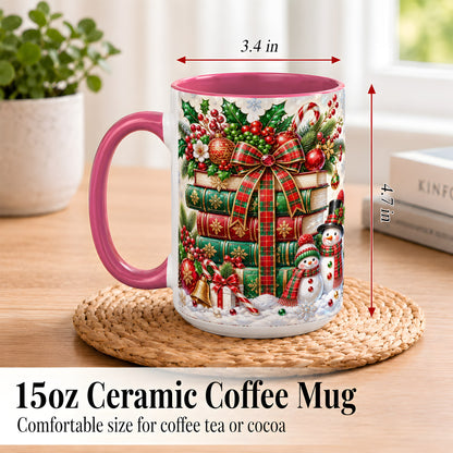 #pl[15oz|Pink] Christmas Book Stack Coffee Mug, Snowman Holiday Mug, Ceramic Cup
