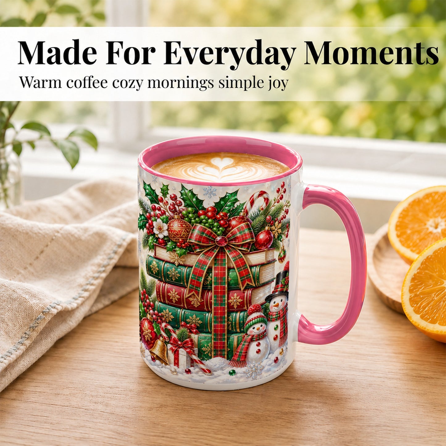#pl[15oz|Pink] Christmas Book Stack Coffee Mug, Snowman Holiday Mug, Ceramic Cup