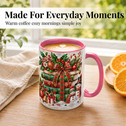 #pl[15oz|Pink] Christmas Book Stack Coffee Mug, Snowman Holiday Mug, Ceramic Cup