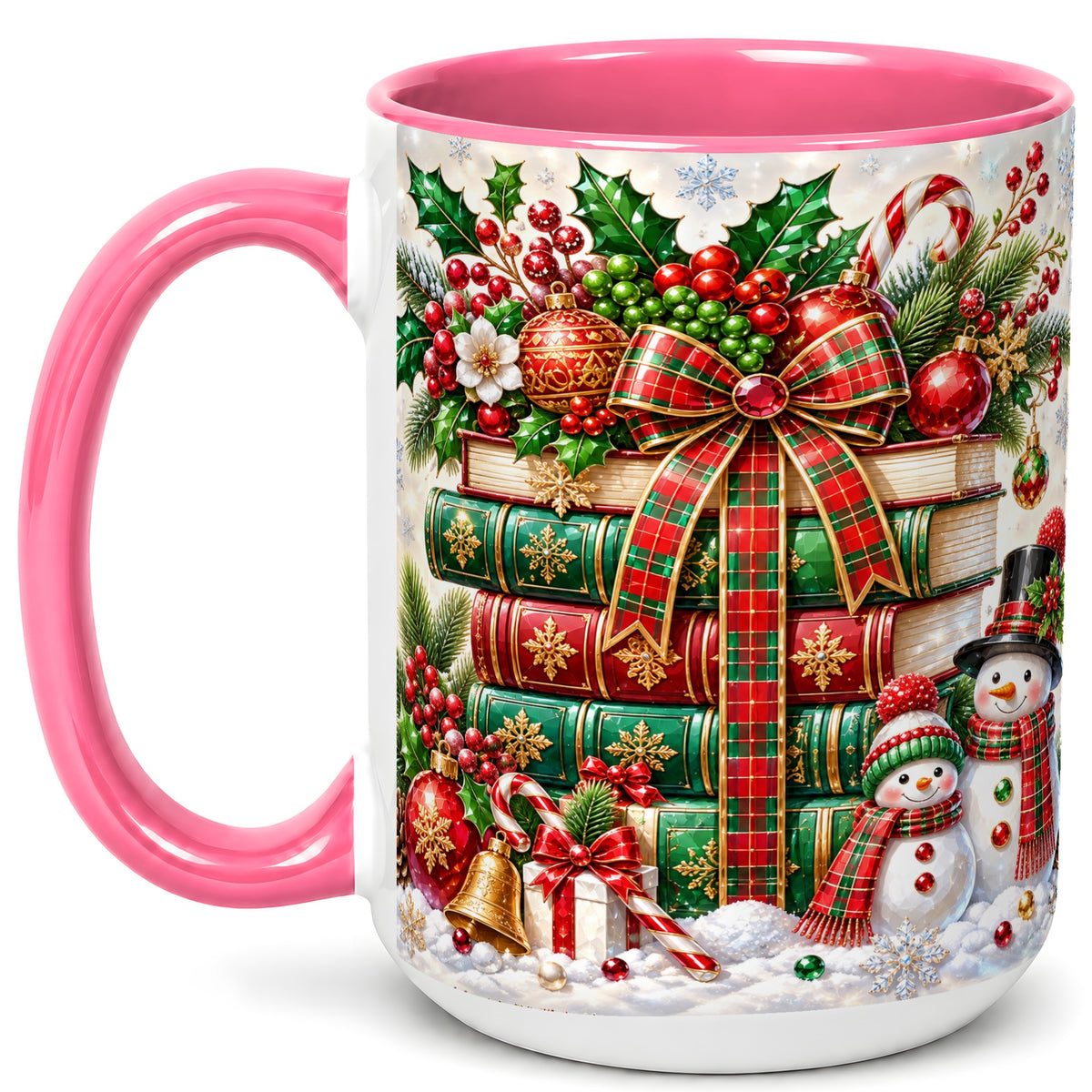 #pl[15oz|Pink] Christmas Book Stack Coffee Mug, Snowman Holiday Mug, Ceramic Cup