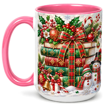 #pl[15oz|Pink] Christmas Book Stack Coffee Mug, Snowman Holiday Mug, Ceramic Cup