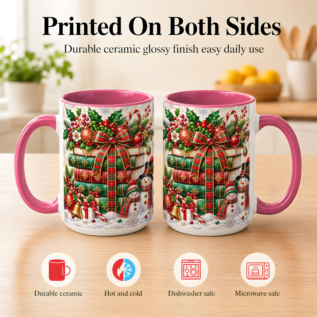 #pl[15oz|Pink] Christmas Book Stack Coffee Mug, Snowman Holiday Mug, Ceramic Cup