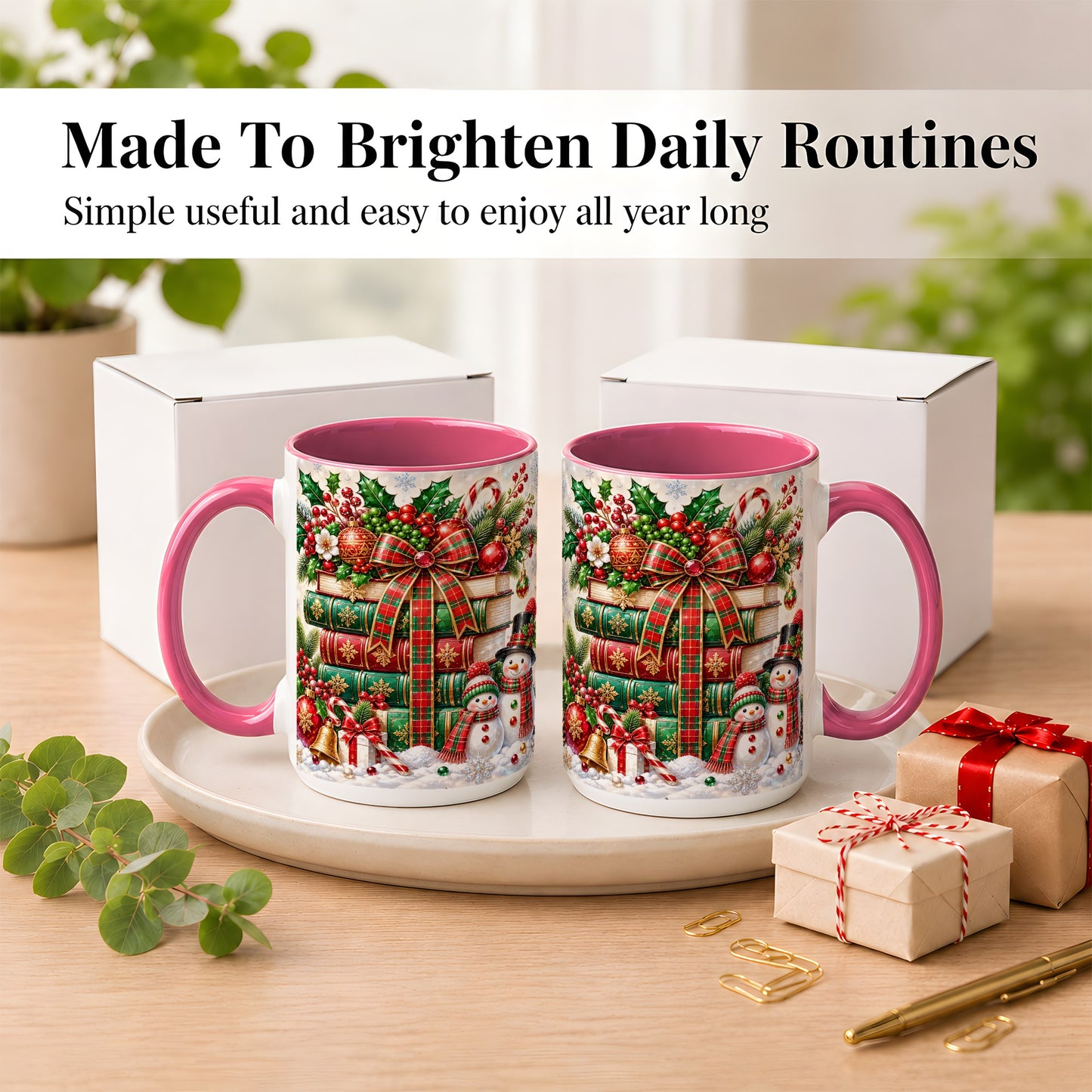#pl[15oz|Pink] Christmas Book Stack Coffee Mug, Snowman Holiday Mug, Ceramic Cup
