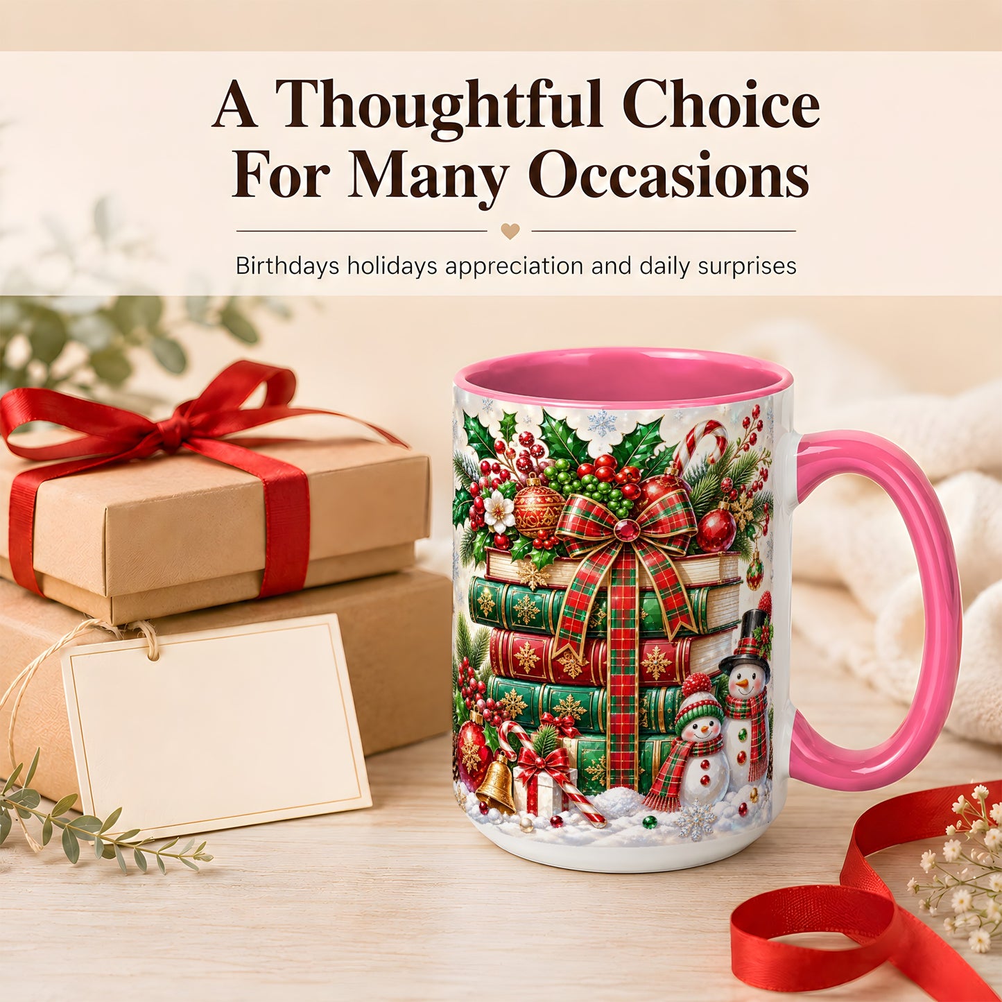 #pl[15oz|Pink] Christmas Book Stack Coffee Mug, Snowman Holiday Mug, Ceramic Cup