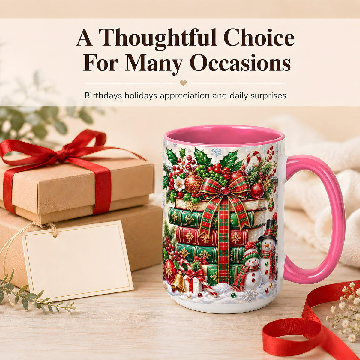 #pl[15oz|Pink] Christmas Book Stack Coffee Mug, Snowman Holiday Mug, Ceramic Cup