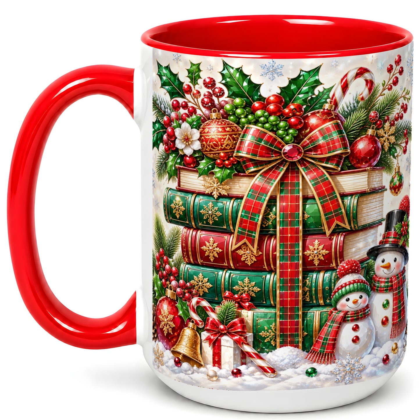 #pl[15oz|Red] Christmas Book Stack Coffee Mug, Snowman Holiday Mug, Ceramic Cup