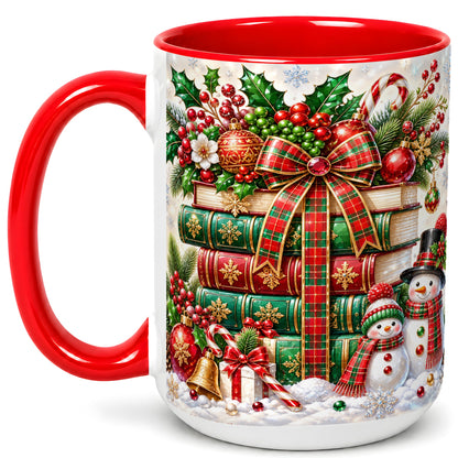 #pl[15oz|Red] Christmas Book Stack Coffee Mug, Snowman Holiday Mug, Ceramic Cup