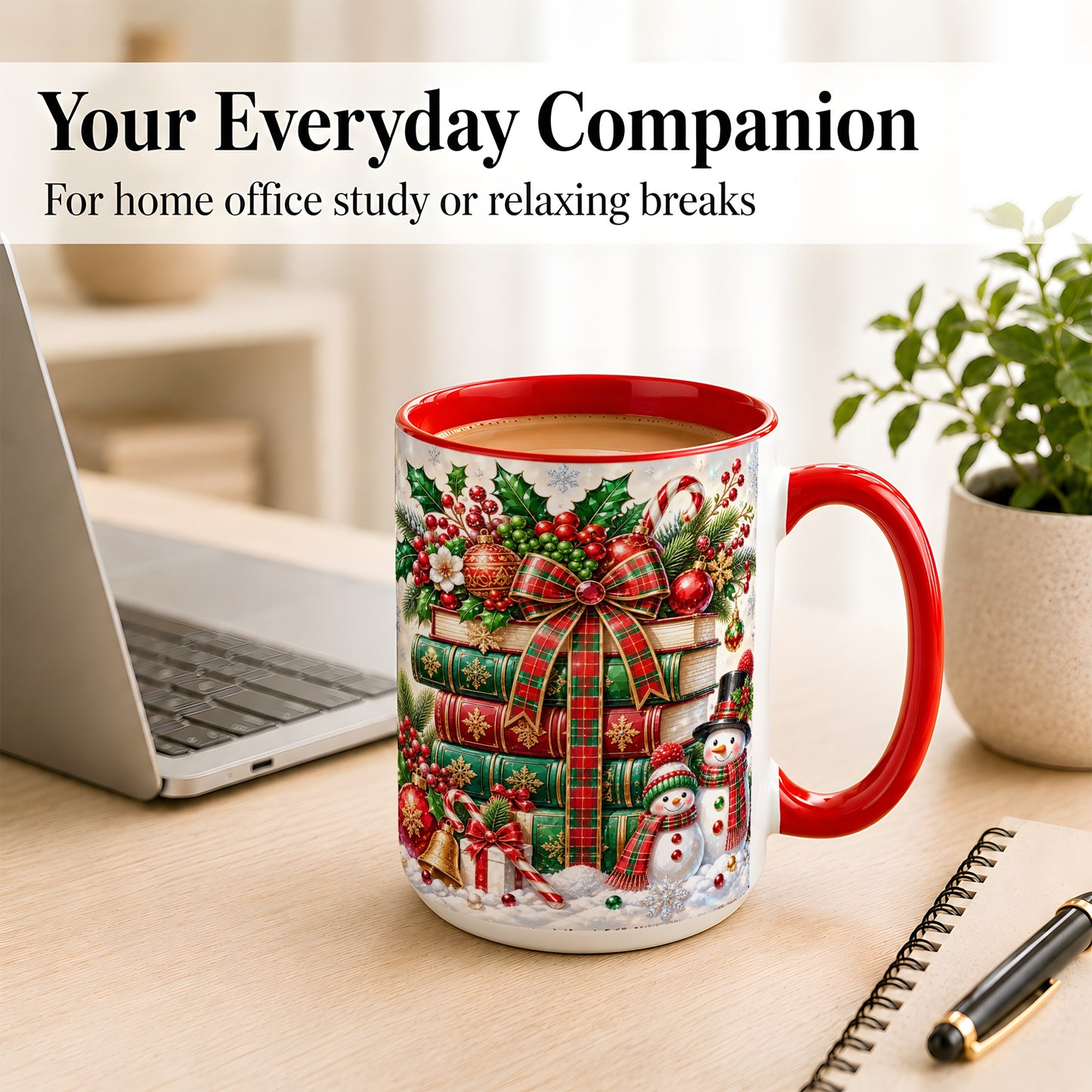 #pl[15oz|Red] Christmas Book Stack Coffee Mug, Snowman Holiday Mug, Ceramic Cup