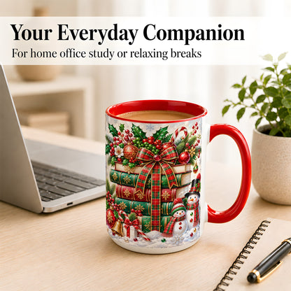 #pl[15oz|Red] Christmas Book Stack Coffee Mug, Snowman Holiday Mug, Ceramic Cup