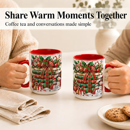 #pl[15oz|Red] Christmas Book Stack Coffee Mug, Snowman Holiday Mug, Ceramic Cup
