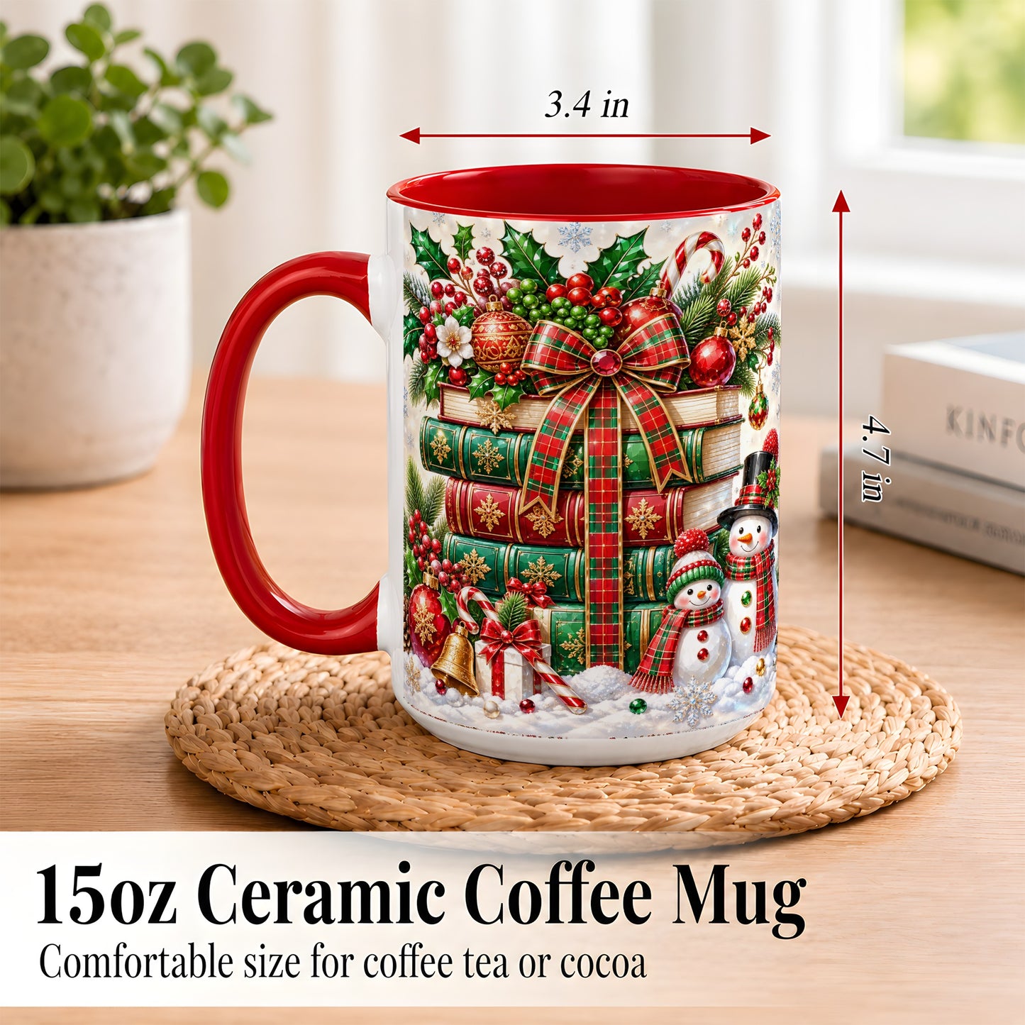 #pl[15oz|Red] Christmas Book Stack Coffee Mug, Snowman Holiday Mug, Ceramic Cup