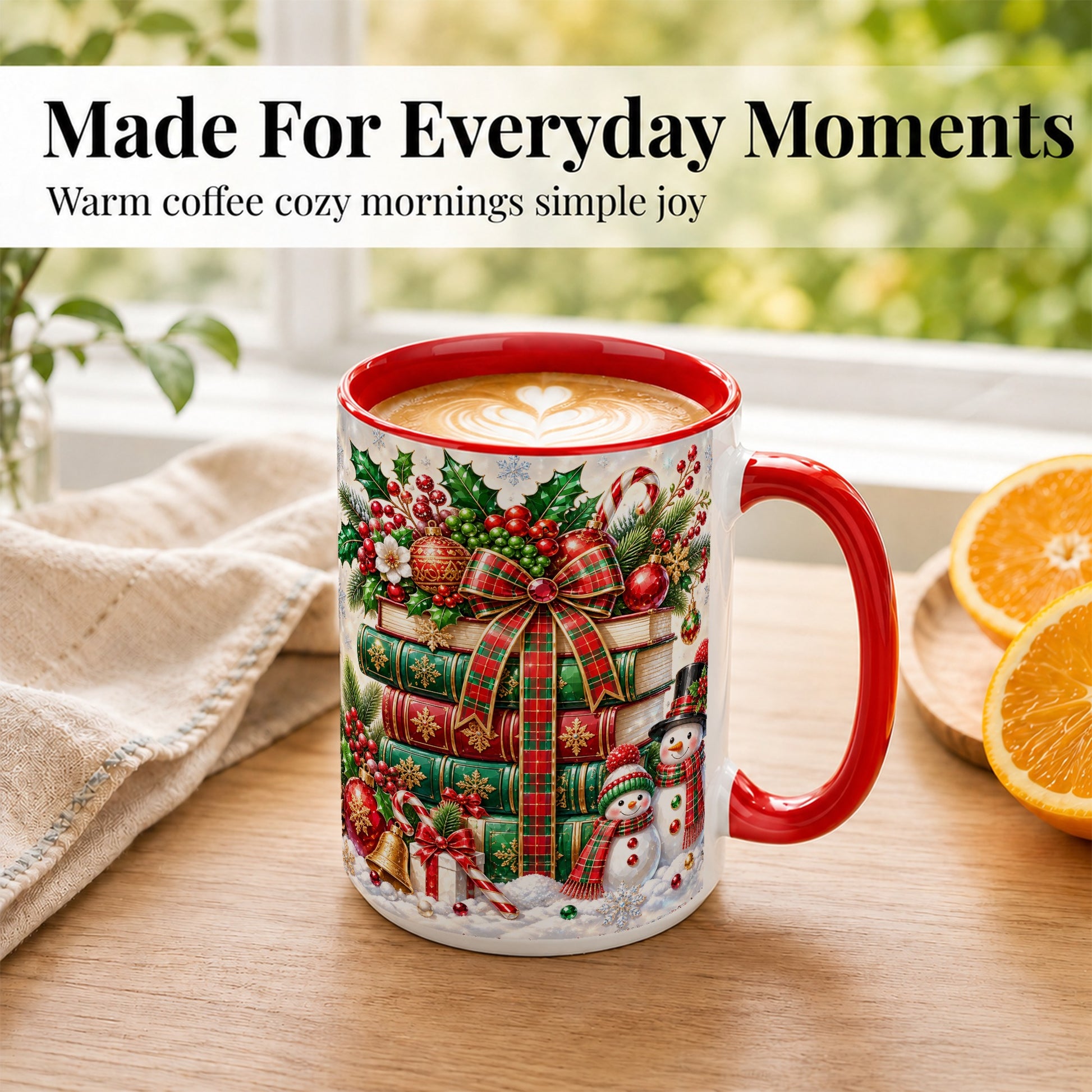 #pl[15oz|Red] Christmas Book Stack Coffee Mug, Snowman Holiday Mug, Ceramic Cup