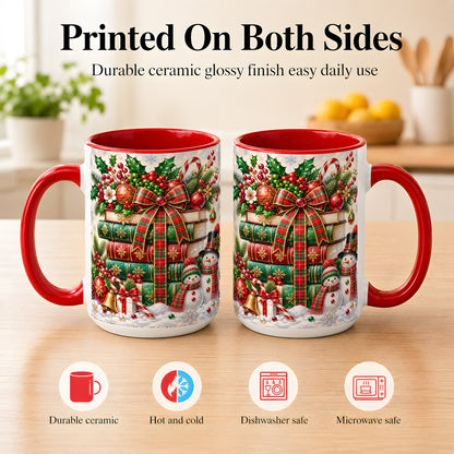 #pl[15oz|Red] Christmas Book Stack Coffee Mug, Snowman Holiday Mug, Ceramic Cup