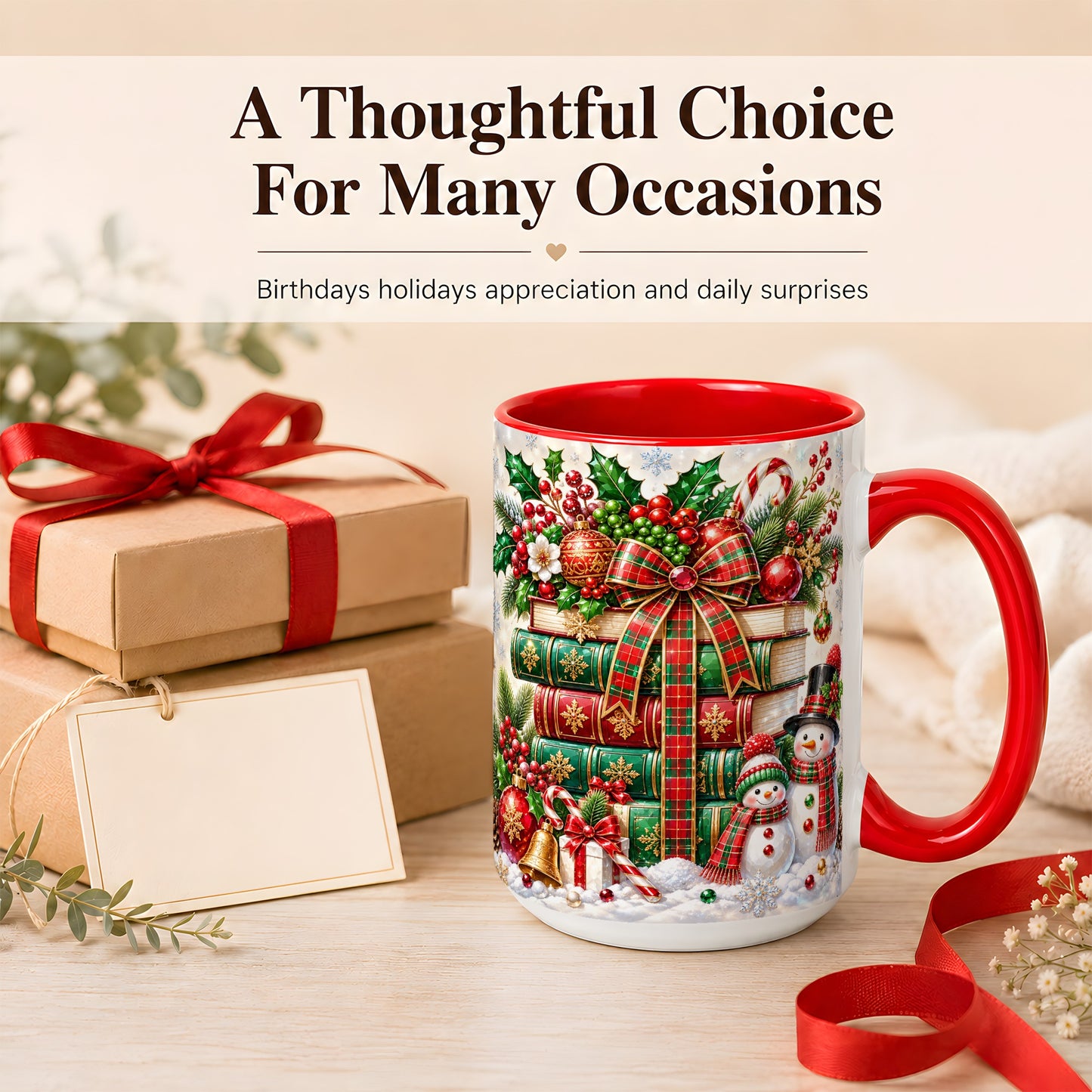 #pl[15oz|Red] Christmas Book Stack Coffee Mug, Snowman Holiday Mug, Ceramic Cup