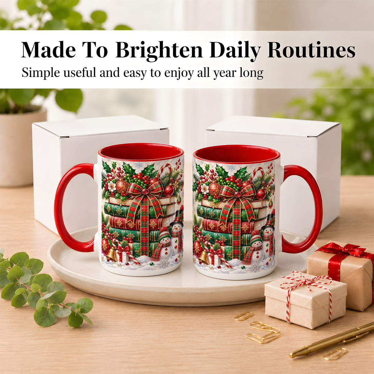 #pl[15oz|Red] Christmas Book Stack Coffee Mug, Snowman Holiday Mug, Ceramic Cup