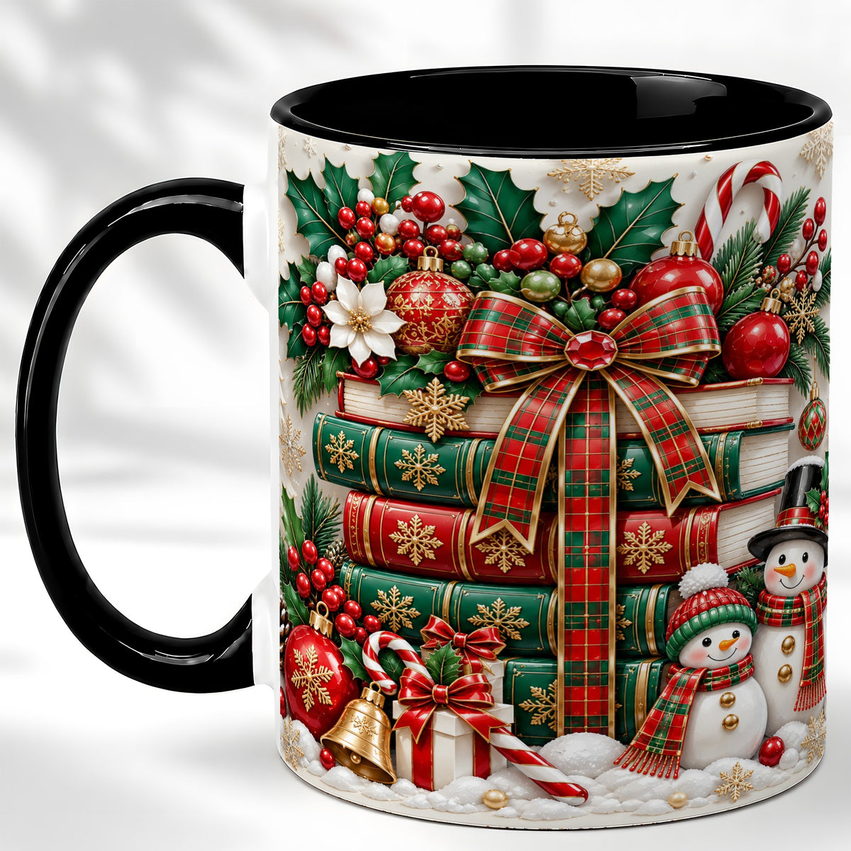 #pl[11oz|Black] Classic Book Stack Coffee Mug, Snowman Christmas Mug, Ceramic Cup