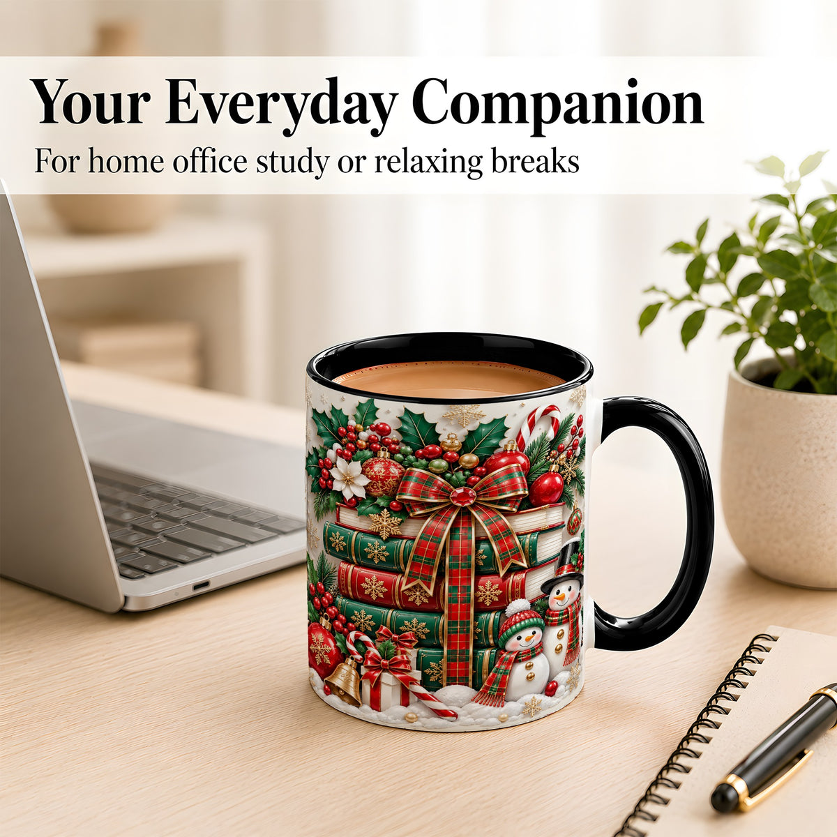 #pl[11oz|Black] Classic Book Stack Coffee Mug, Snowman Christmas Mug, Ceramic Cup