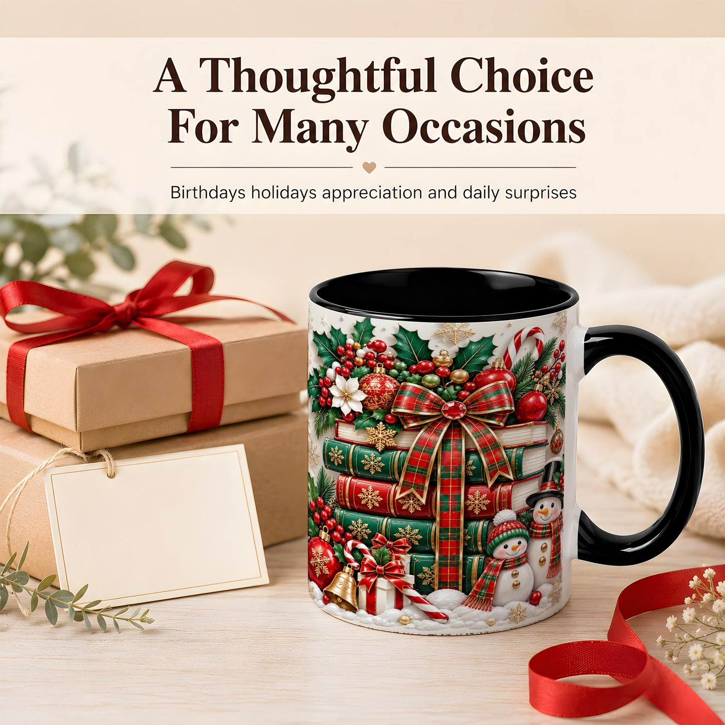 #pl[11oz|Black] Classic Book Stack Coffee Mug, Snowman Christmas Mug, Ceramic Cup