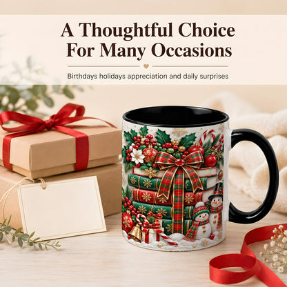 #pl[11oz|Black] Classic Book Stack Coffee Mug, Snowman Christmas Mug, Ceramic Cup