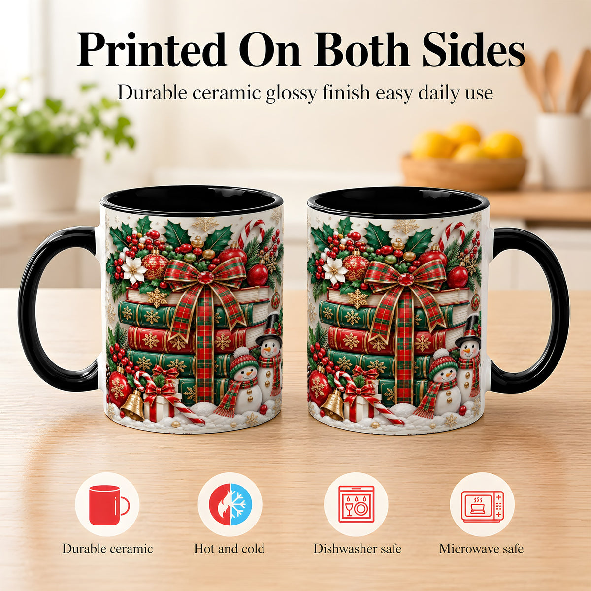 #pl[11oz|Black] Classic Book Stack Coffee Mug, Snowman Christmas Mug, Ceramic Cup