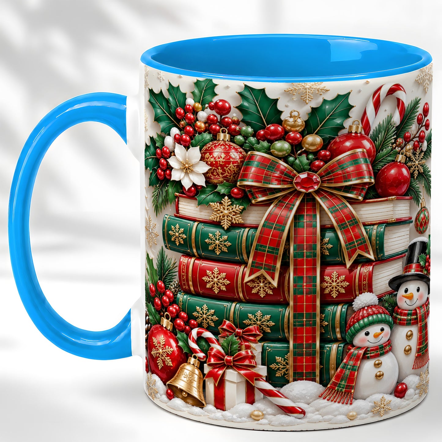 #pl[11oz|Blue] Classic Book Stack Coffee Mug, Snowman Christmas Mug, Ceramic Cup