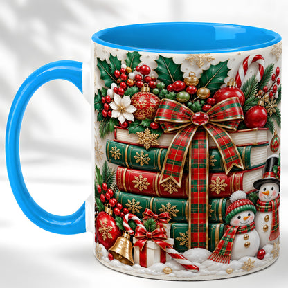 #pl[11oz|Blue] Classic Book Stack Coffee Mug, Snowman Christmas Mug, Ceramic Cup