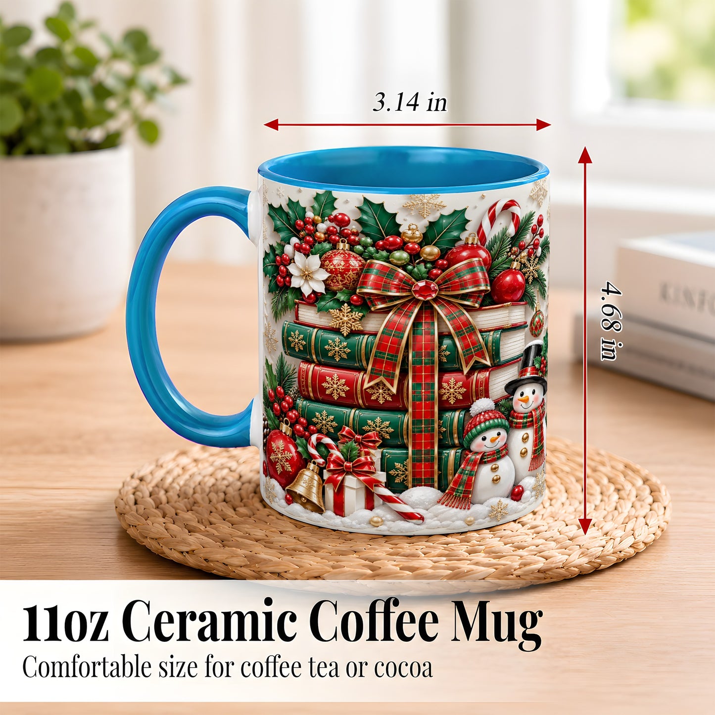 #pl[11oz|Blue] Classic Book Stack Coffee Mug, Snowman Christmas Mug, Ceramic Cup
