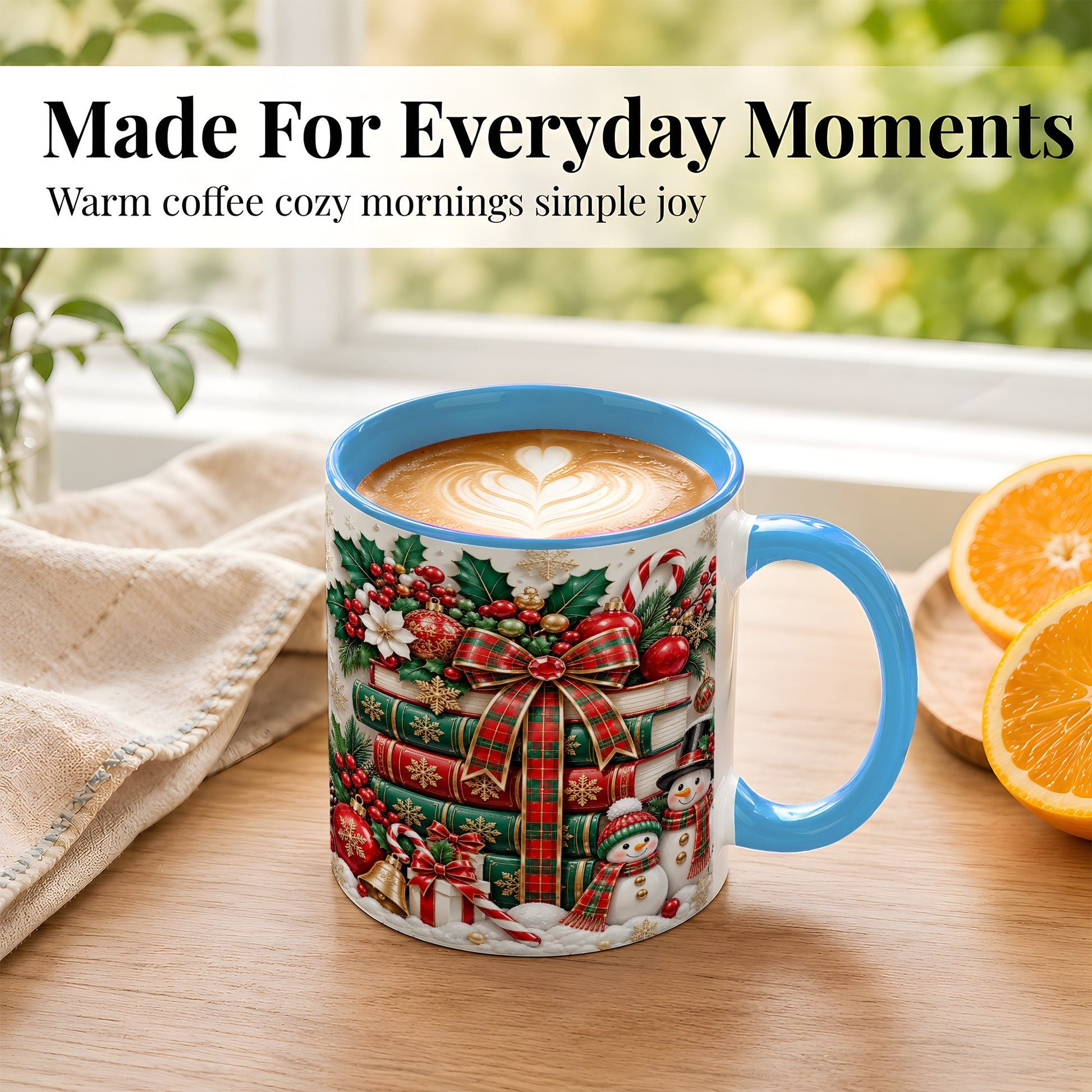 #pl[11oz|Blue] Classic Book Stack Coffee Mug, Snowman Christmas Mug, Ceramic Cup