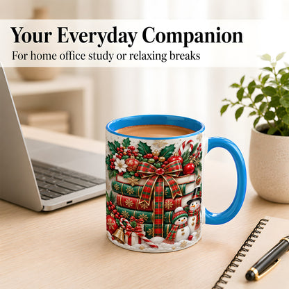 #pl[11oz|Blue] Classic Book Stack Coffee Mug, Snowman Christmas Mug, Ceramic Cup