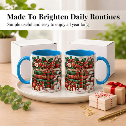 #pl[11oz|Blue] Classic Book Stack Coffee Mug, Snowman Christmas Mug, Ceramic Cup