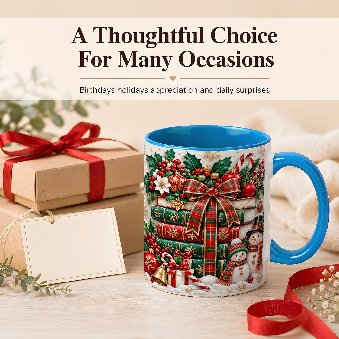 #pl[11oz|Blue] Classic Book Stack Coffee Mug, Snowman Christmas Mug, Ceramic Cup