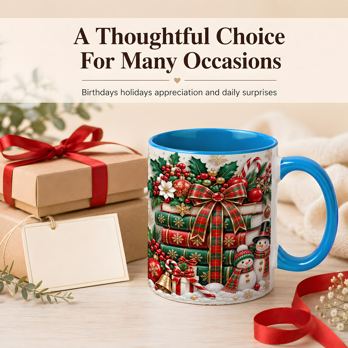 #pl[11oz|Blue] Classic Book Stack Coffee Mug, Snowman Christmas Mug, Ceramic Cup