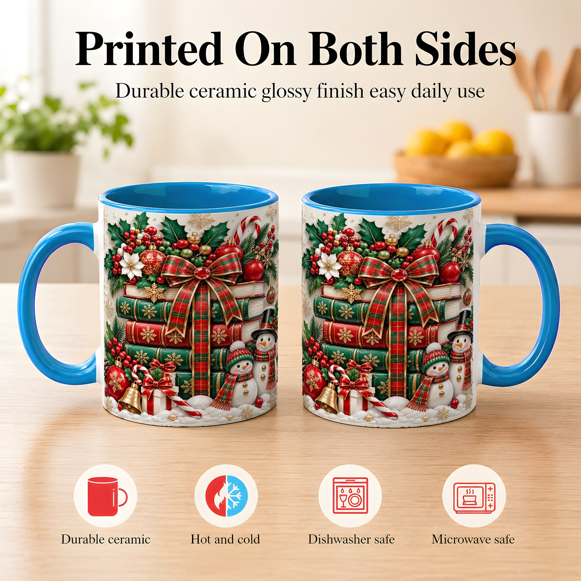 #pl[11oz|Blue] Classic Book Stack Coffee Mug, Snowman Christmas Mug, Ceramic Cup