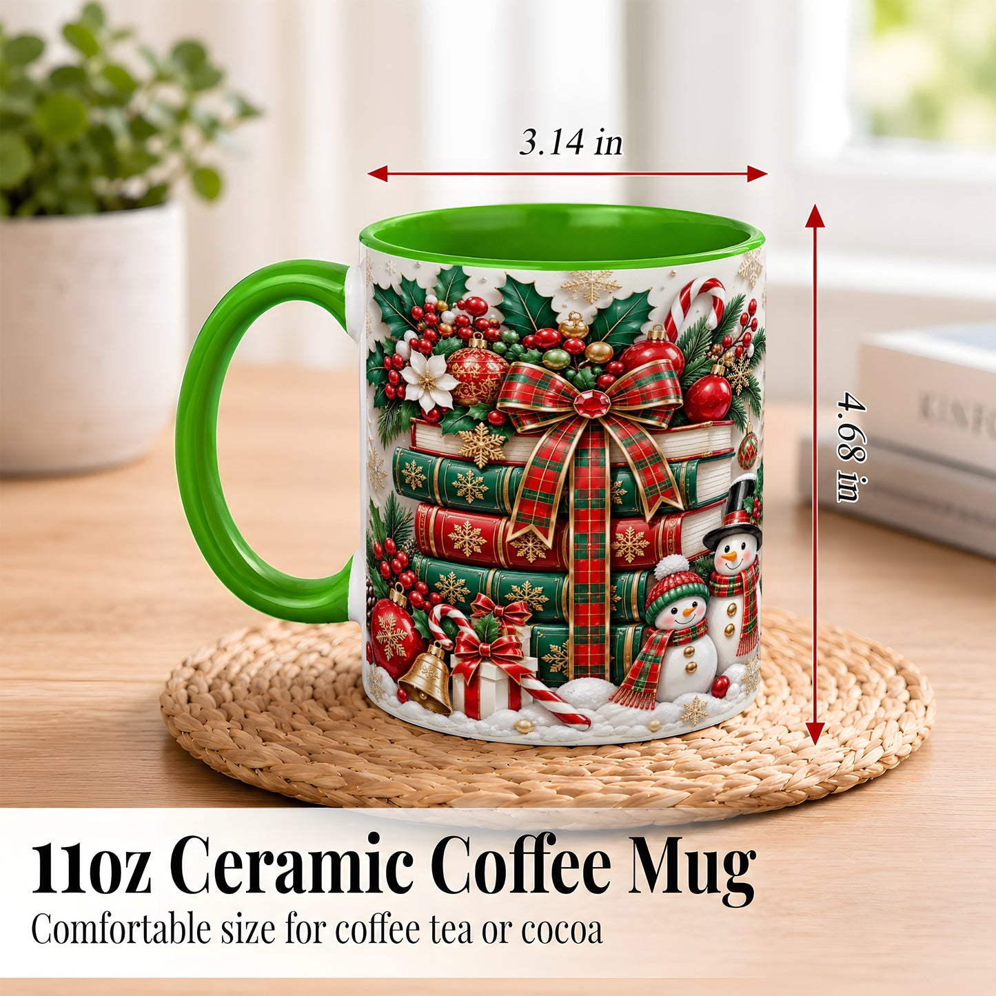 #pl[11oz|Green] Classic Book Stack Coffee Mug, Snowman Christmas Mug, Ceramic Cup